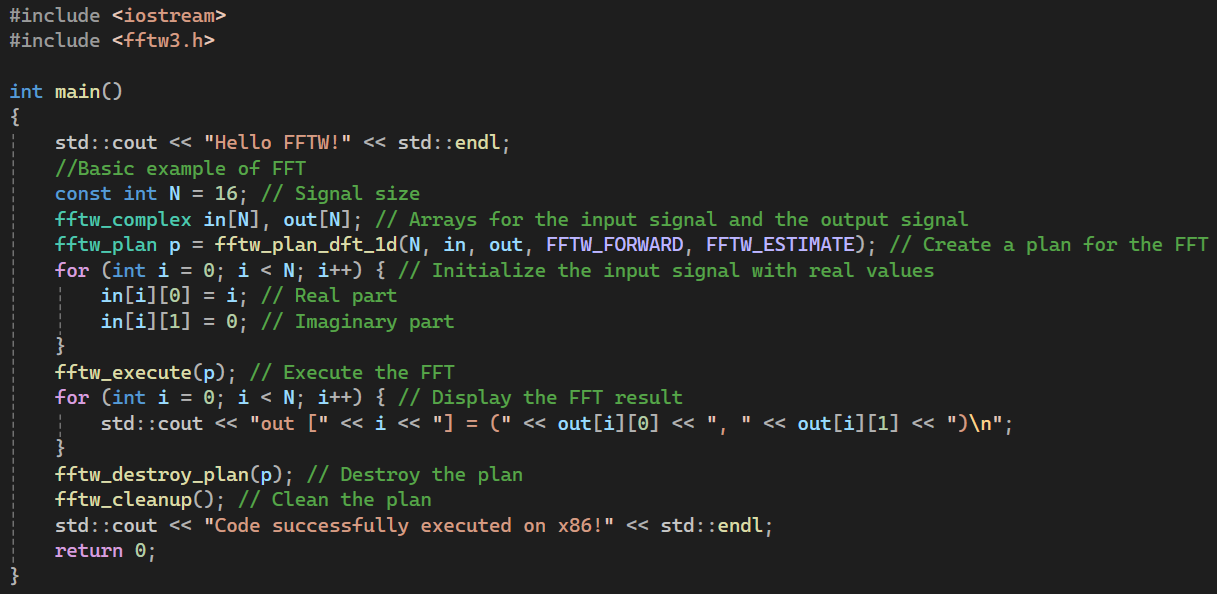 Example of C++ code that implements FFTW.